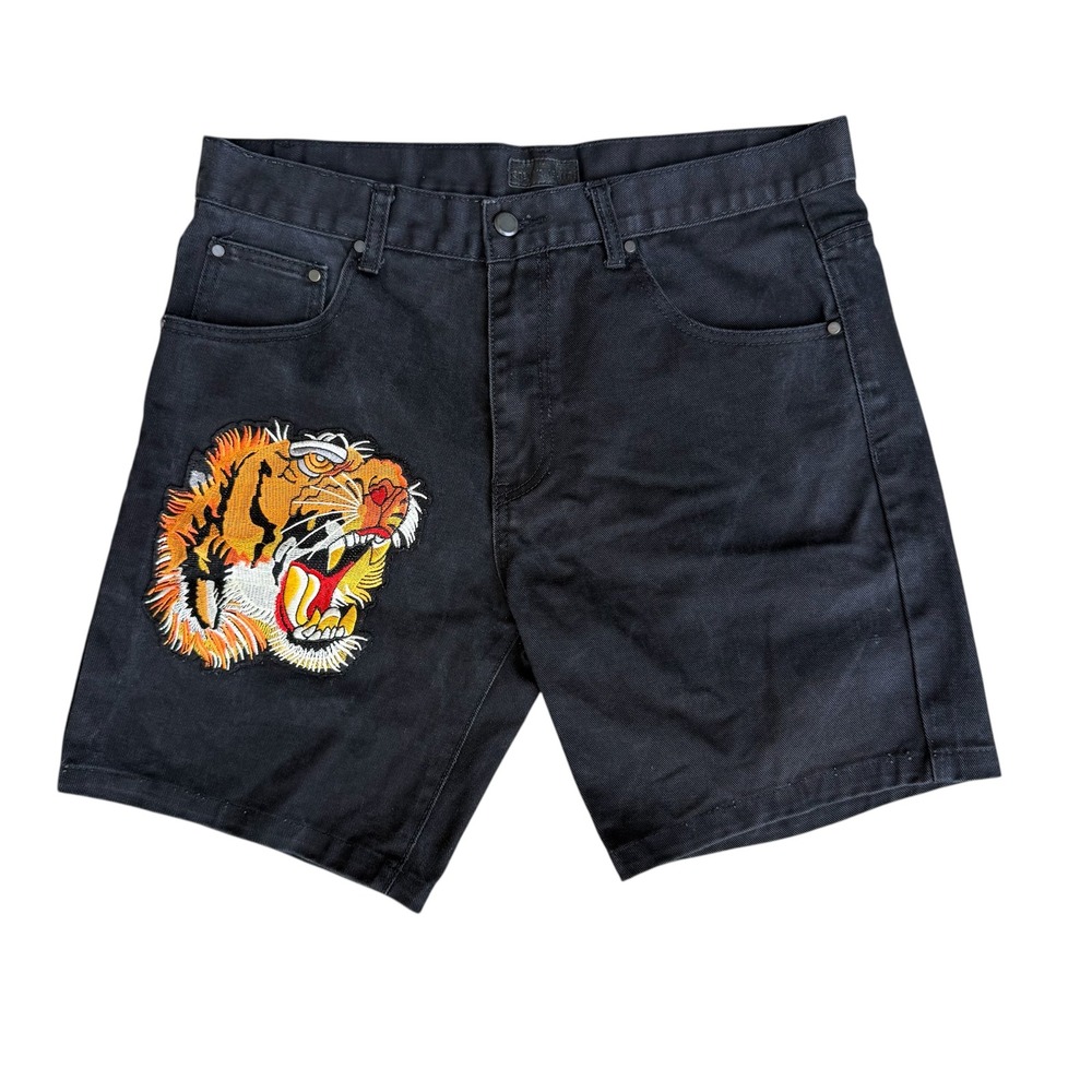 Steve's Jeans Mens Black Denim Shorts Tiger Head Embroidery Size 36 Streetwear